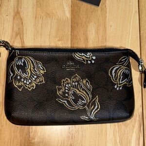 Coach Black Leather Floral Embroidered Wristlet with Metallic Accents